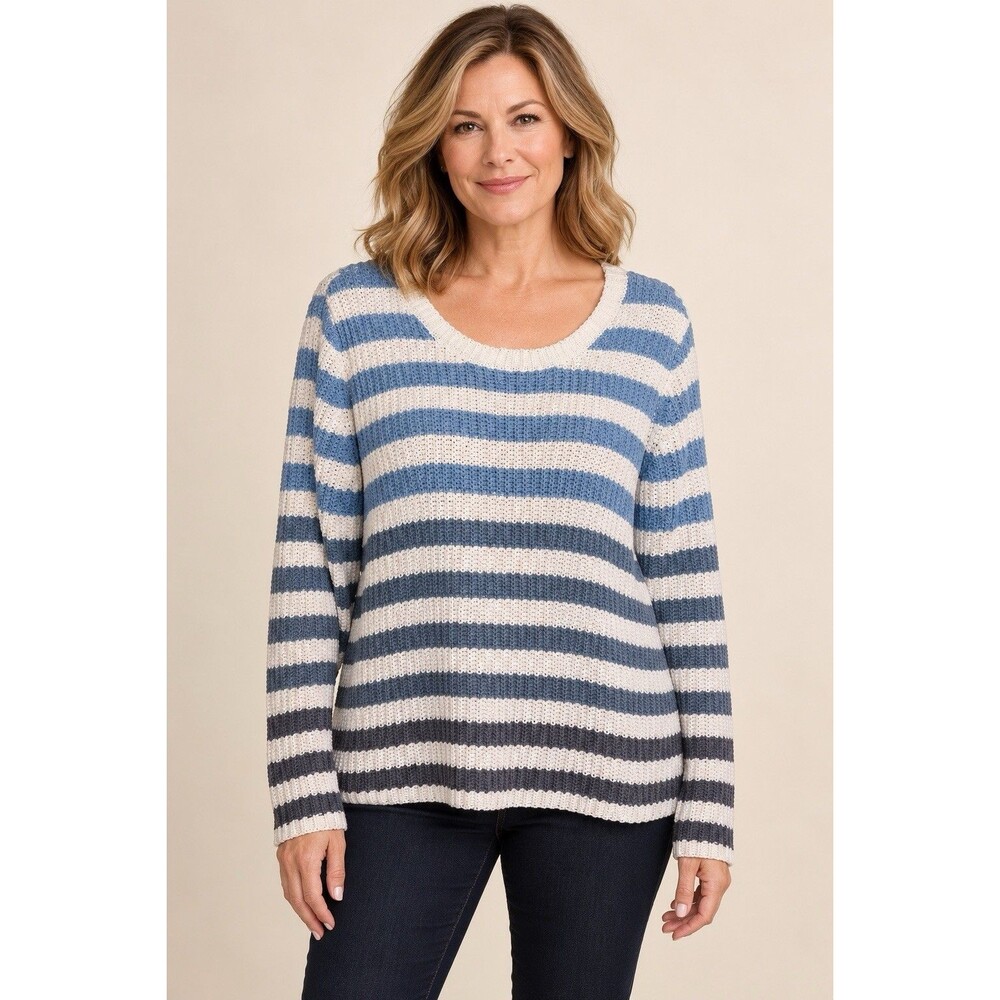 John Paul Richard Womens Blue Ivory Ombre Stripe Open Knit Pullover Sweater L D